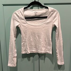 J Crew white crop long sleeve deep round neck shirt XS